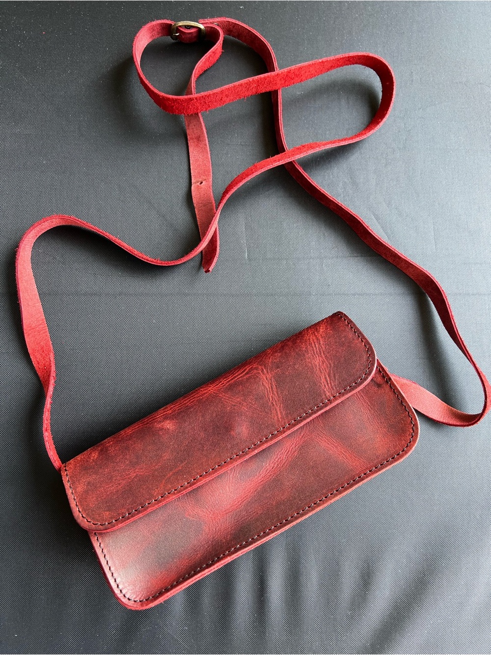 Red Leather mini Crossbody Bag - snap closure, long adjustable strap
